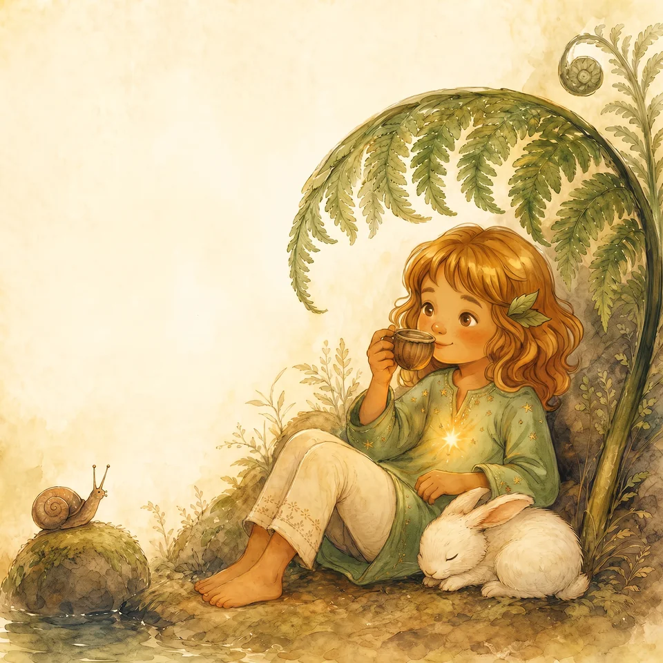 Lumi sitting under a leaf sipping from a tiny cup with a rabbit and snail nearby.