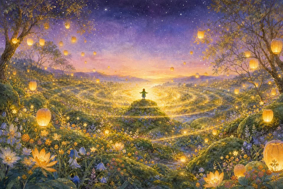 Golden ripples of light spreading across a magical blooming garden.